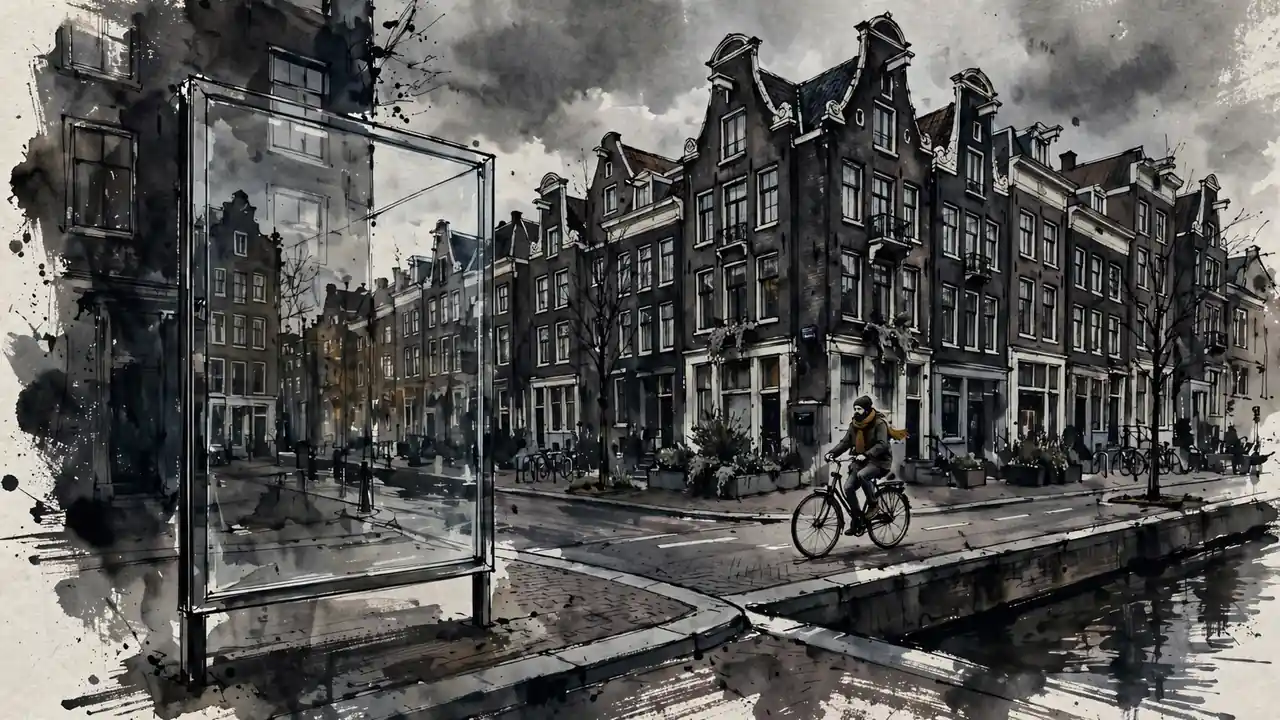 Lege transparante reclamezuil op Amsterdamse straathoek